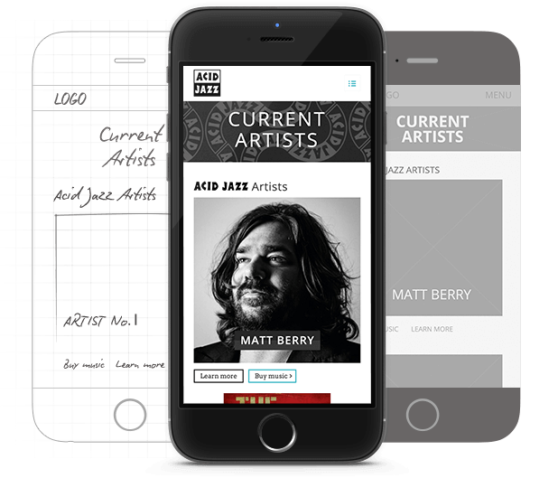 Phone screen, wireframe, and sketch, demonstrating development of the acid jazz website design