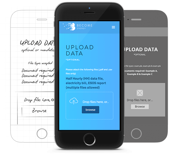 Phone screen, wireframe, and sketch, demonstrating development of the become energy website design