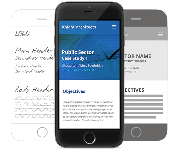 Phone screen, wireframe, and sketch, demonstrating development of the knight architects website design