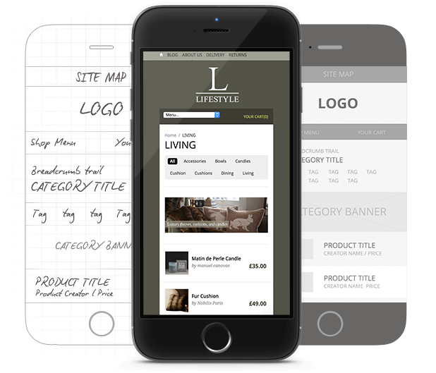 Phone screen, wireframe, and sketch, demonstrating development of the L lifestyle website design