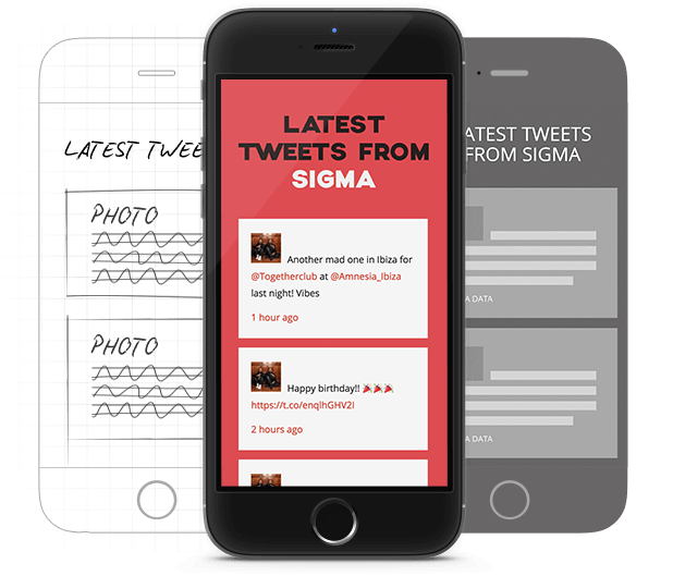 Phone screen, wireframe, and sketch, demonstrating development of the sigma website design