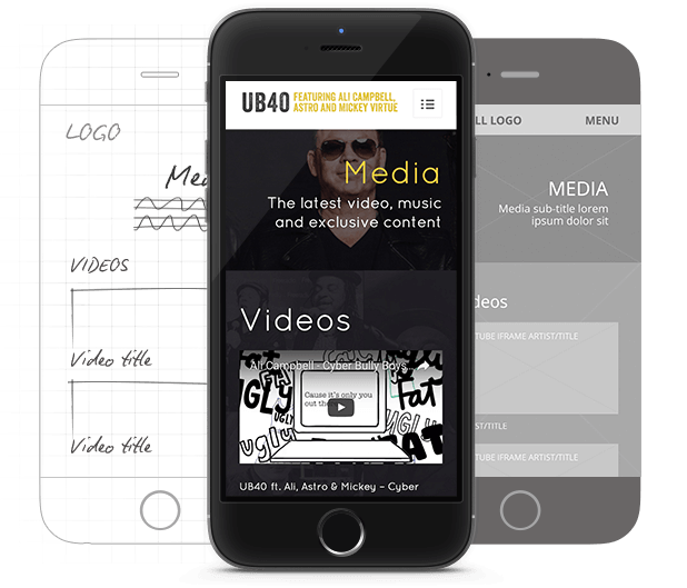 Phone screen, wireframe, and sketch, demonstrating development of the UB40 website design